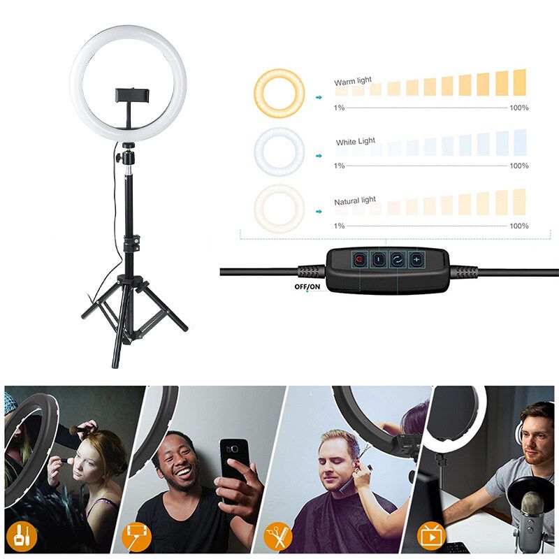10/12/30 Inch Portable Selfie LED Ring Light With Tripod Stand & Cell Phone Holder & Remote Control Dimmable Photography Studio Phone Holder Selfie Lamps For Makeup Video Live Vlog Type C