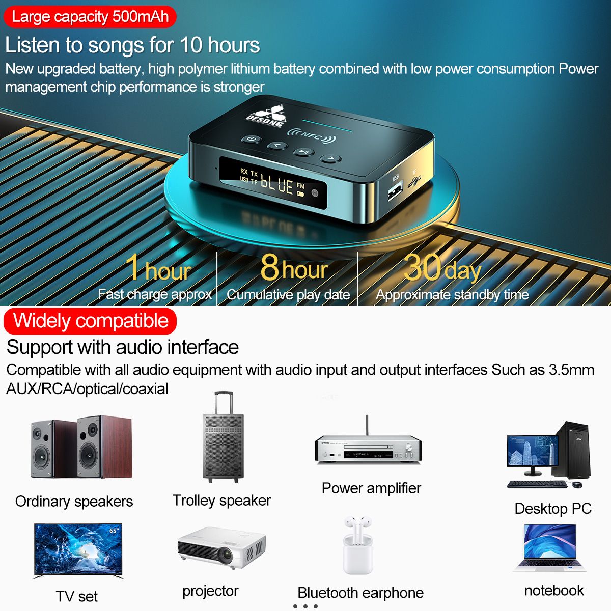 M6 Portable NFC Bluetooth Receiver 5.0 Bluetooth Transmitter FM 3 In 1 Bluetooth Adapter Computer Black