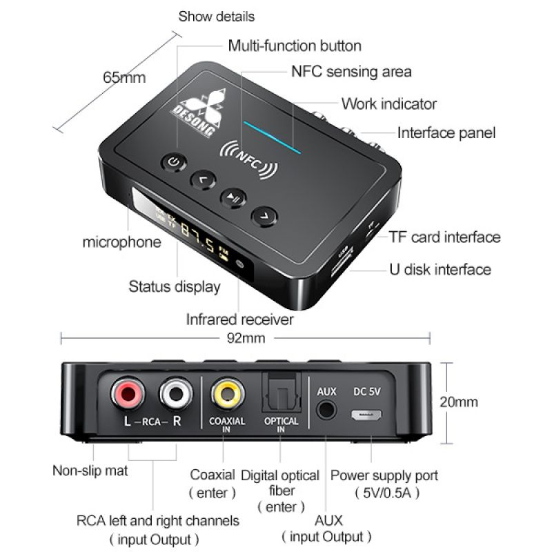M6 Portable NFC Bluetooth Receiver 5.0 Bluetooth Transmitter FM 3 In 1 Bluetooth Adapter Computer Black
