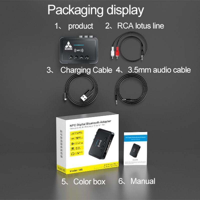 M6 Portable NFC Bluetooth Receiver 5.0 Bluetooth Transmitter FM 3 In 1 Bluetooth Adapter Computer Black