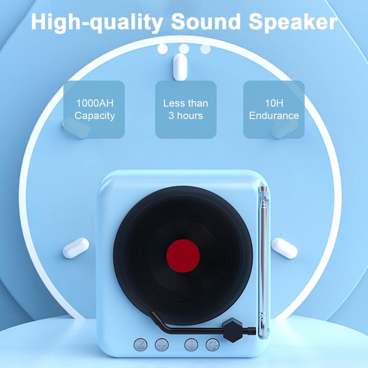 Speaker with Fm Radio Antenna Vintage Vinyl Bluetooth Speaker Sky Blue