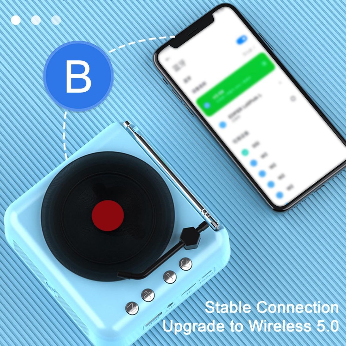 Speaker with Fm Radio Antenna Vintage Vinyl Bluetooth Speaker Sky Blue