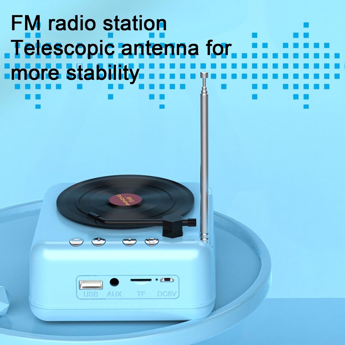 Speaker with Fm Radio Antenna Vintage Vinyl Bluetooth Speaker Sky Blue