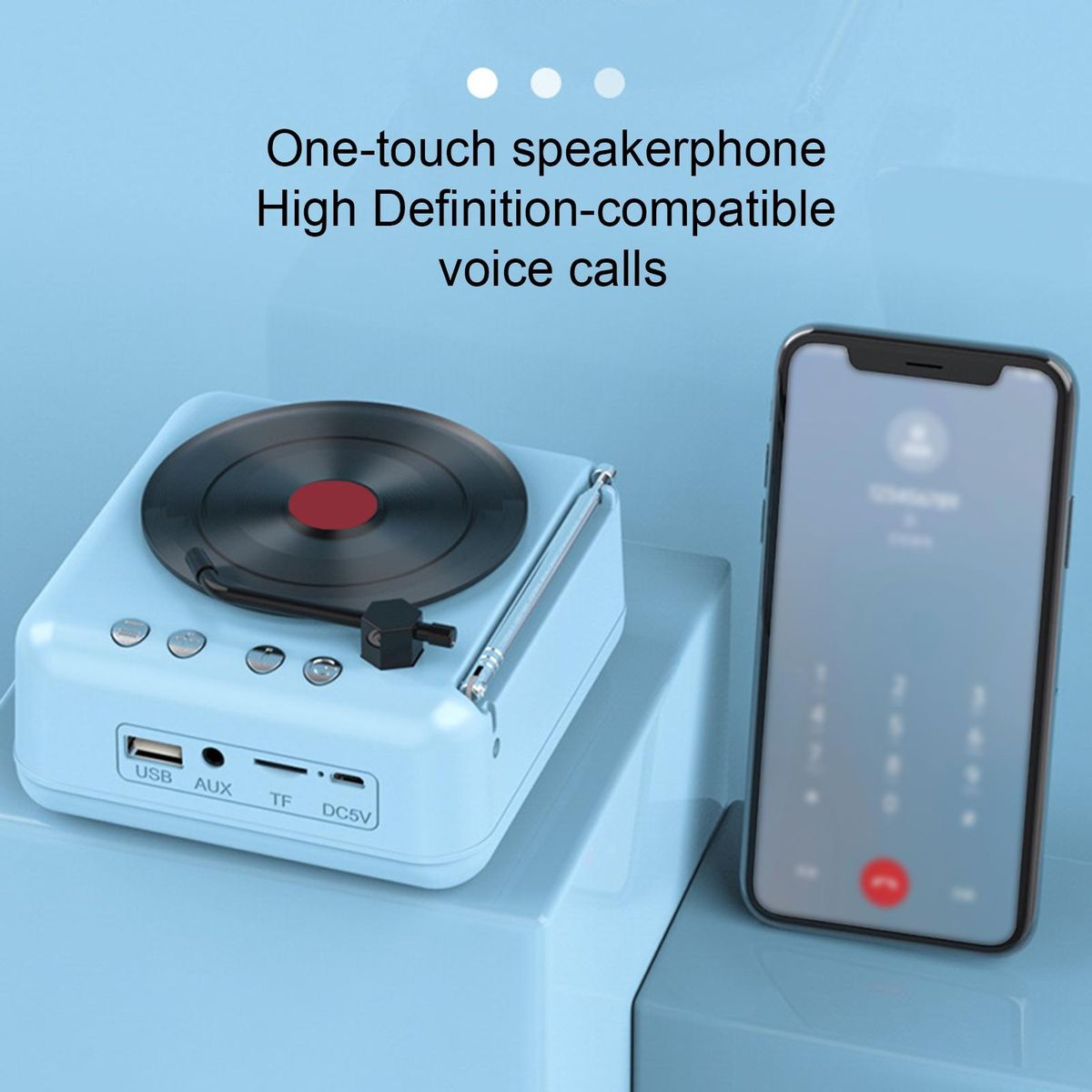 Speaker with Fm Radio Antenna Vintage Vinyl Bluetooth Speaker Sky Blue