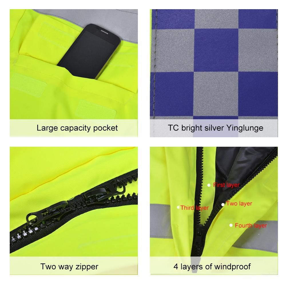 SFVest High Visibility Reflective Waterproof Rain Jacket Rainwear Coat Luminous Safety Raincoat Outdoor Traffic Police Hiking Riding Warning Safety Winter Detachable Cotton Jacket