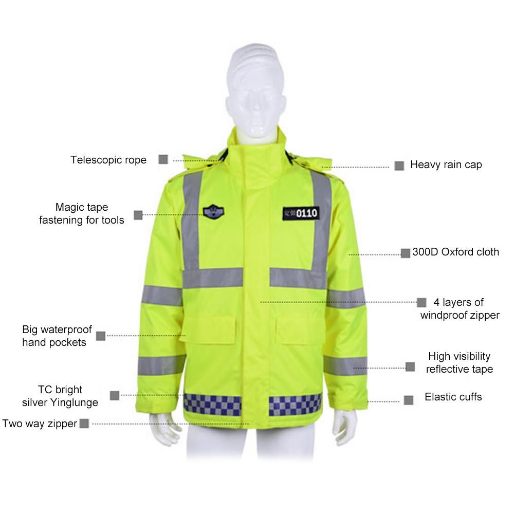 SFVest High Visibility Reflective Waterproof Rain Jacket Rainwear Coat Luminous Safety Raincoat Outdoor Traffic Police Hiking Riding Warning Safety Winter Detachable Cotton Jacket