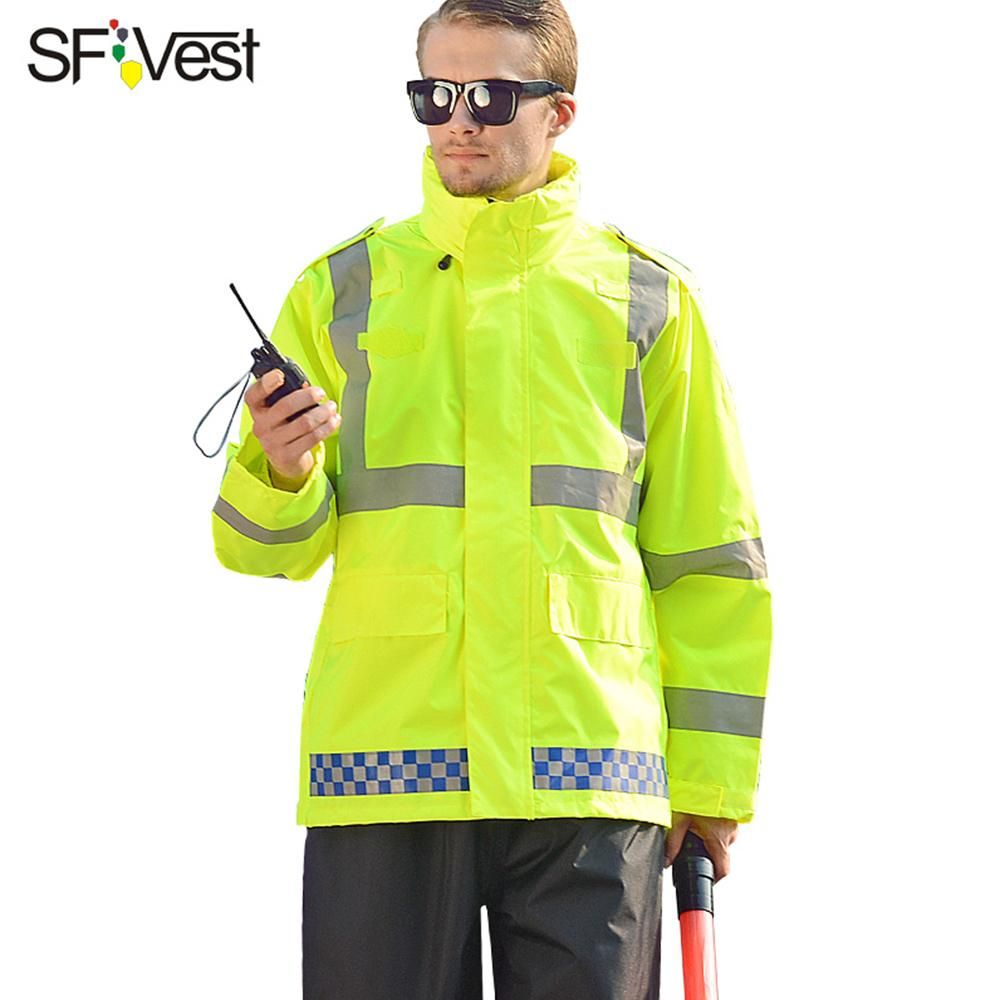 SFVest High Visibility Reflective Waterproof Rain Jacket Rainwear Coat Luminous Safety Raincoat Outdoor Traffic Police Hiking Riding Warning Safety Winter Detachable Cotton Jacket