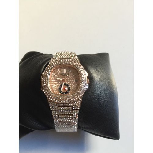 Women Iced Stones Bracelet Strap Wrist Watch-Gold