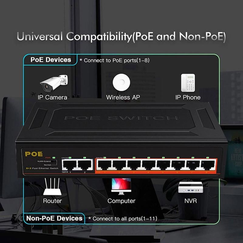 10 Ports POE Switch 100Mbps Ethernet Smart Switch 8 PoE+2