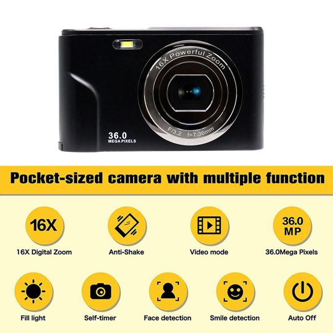 Portable Recorder Selfie Camera 36MP 16X Digital Black