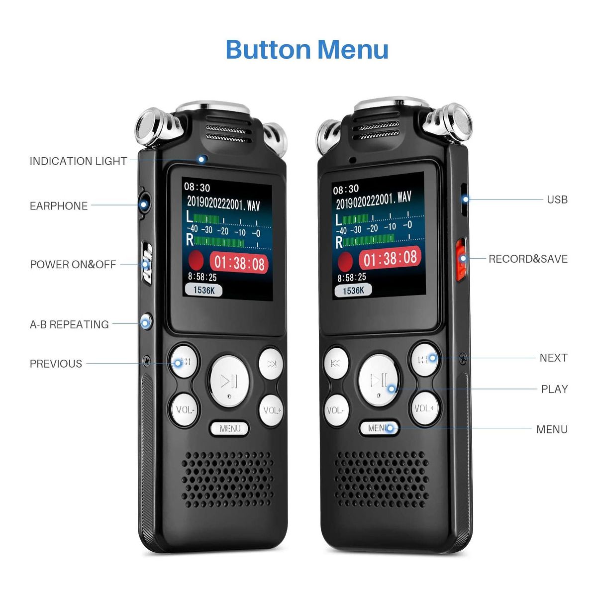 Professional Stereo Handheld Digital Recorder  Digital Voice Activated Recorder 1536Kbps Sound
