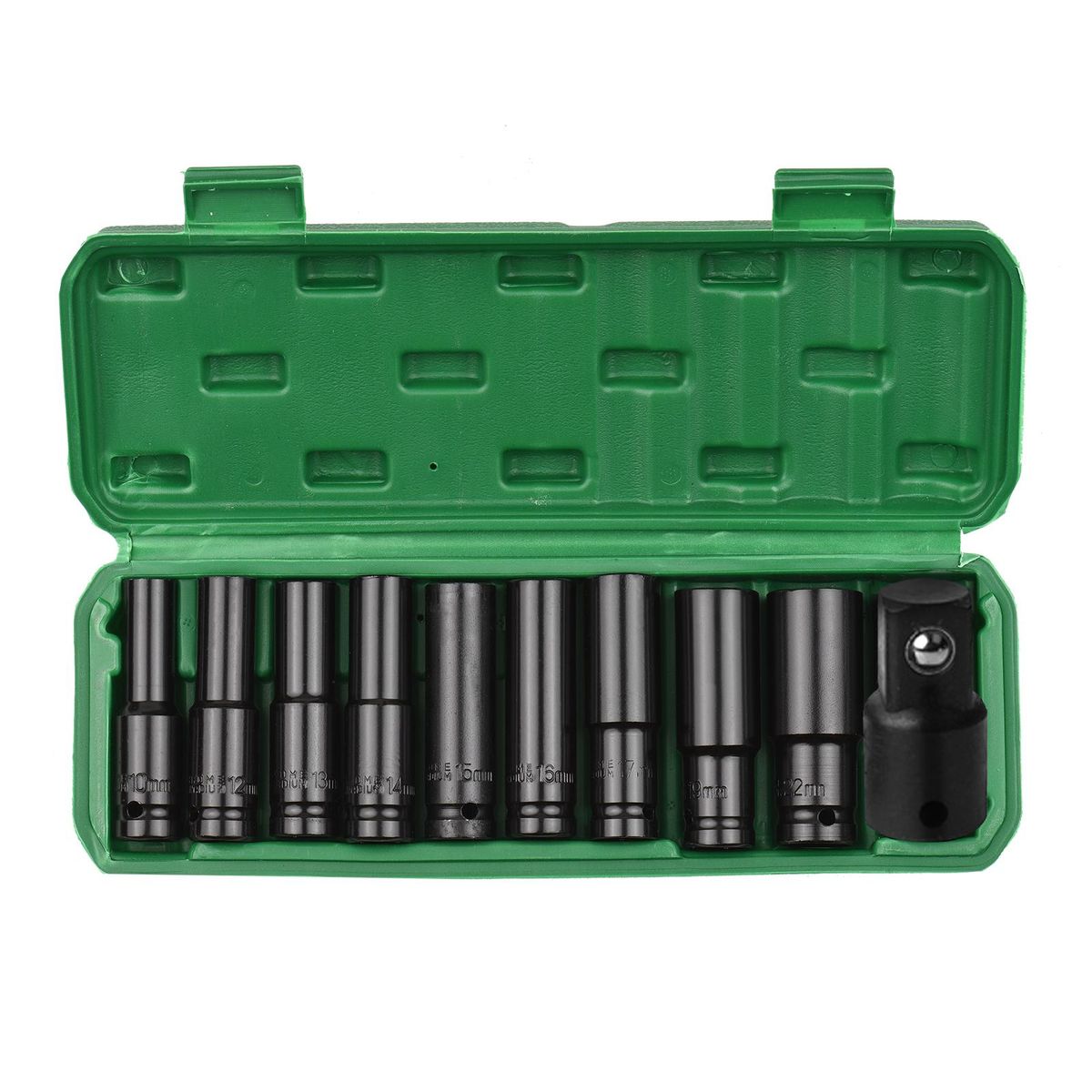 1/2 Inch Drive Hex Impact Socket Set 10-Piece Deep Socket Metric Sizes 10-22mm and 3/8 Inch Adapter CR-V Material with Hard Storage Box