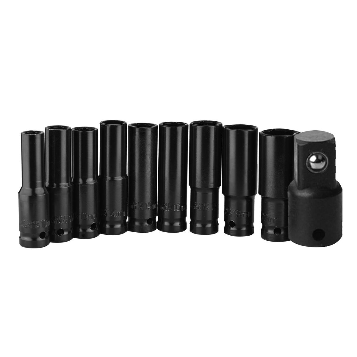 1/2 Inch Drive Hex Impact Socket Set 10-Piece Deep Socket Metric Sizes 10-22mm and 3/8 Inch Adapter CR-V Material with Hard Storage Box