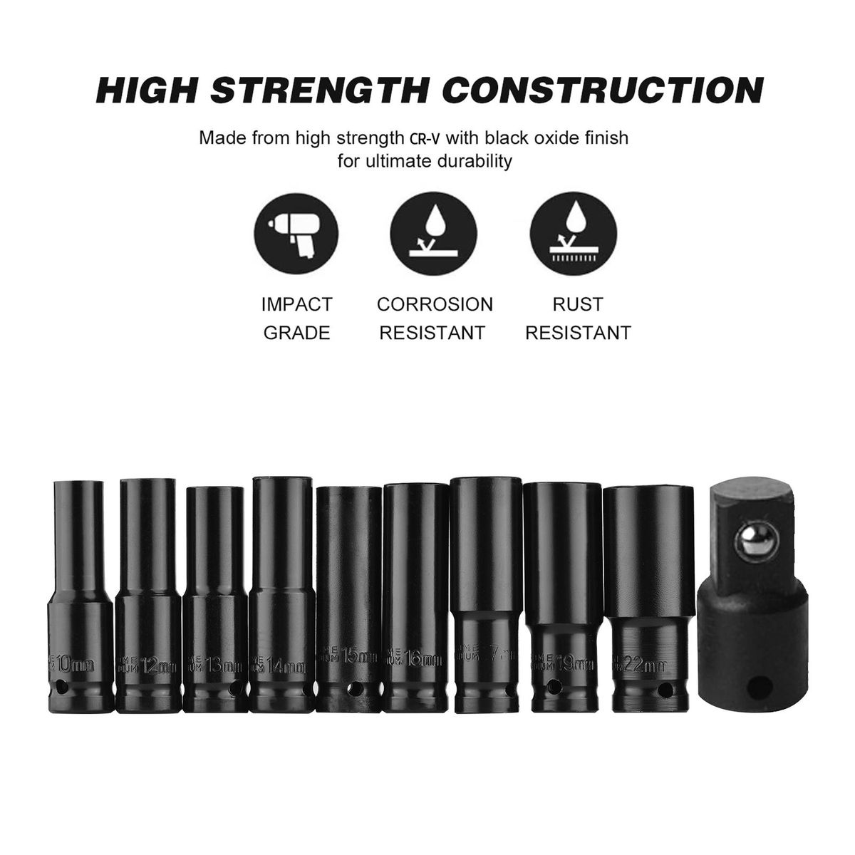 1/2 Inch Drive Hex Impact Socket Set 10-Piece Deep Socket Metric Sizes 10-22mm and 3/8 Inch Adapter CR-V Material with Hard Storage Box