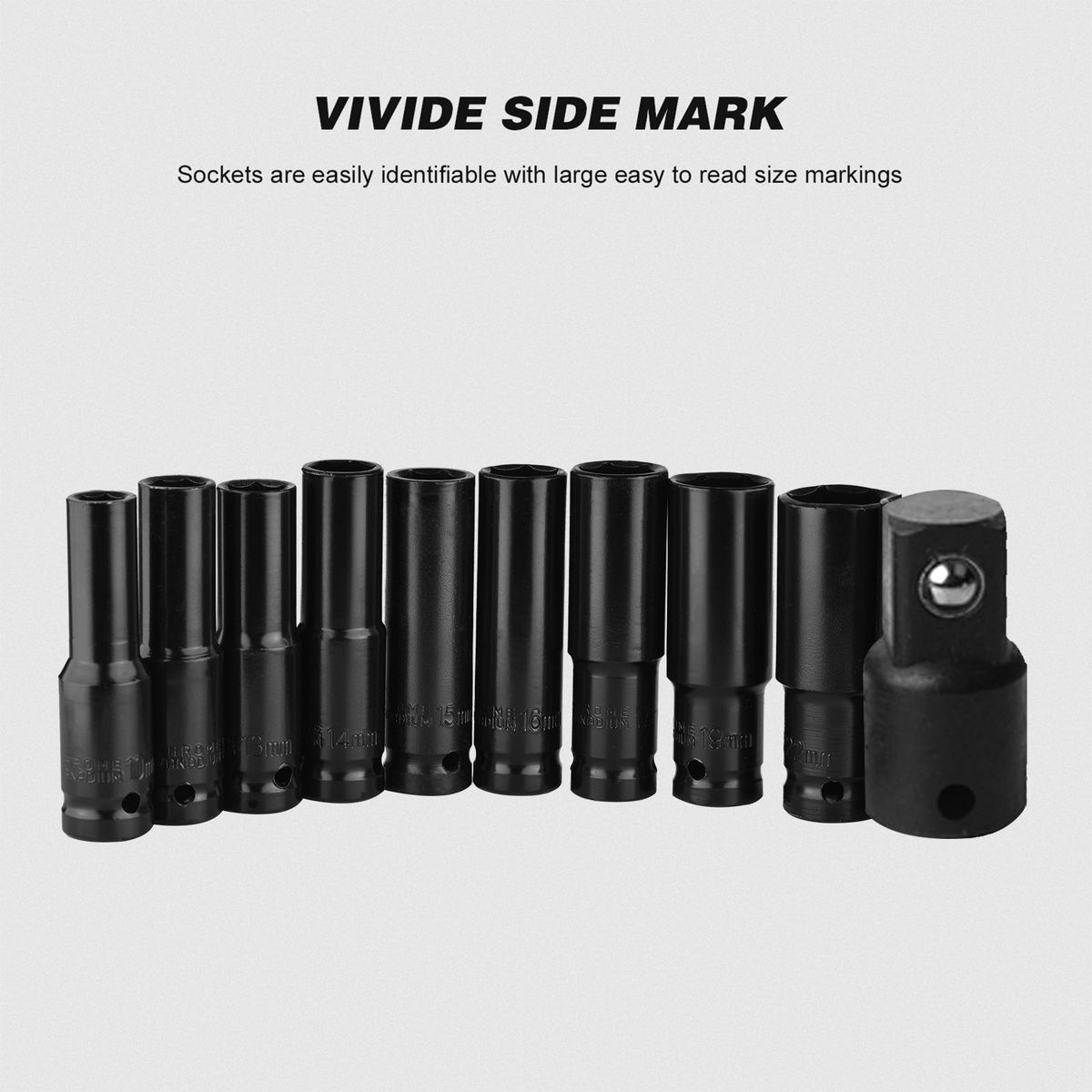 1/2 Inch Drive Hex Impact Socket Set 10-Piece Deep Socket Metric Sizes 10-22mm and 3/8 Inch Adapter CR-V Material with Hard Storage Box