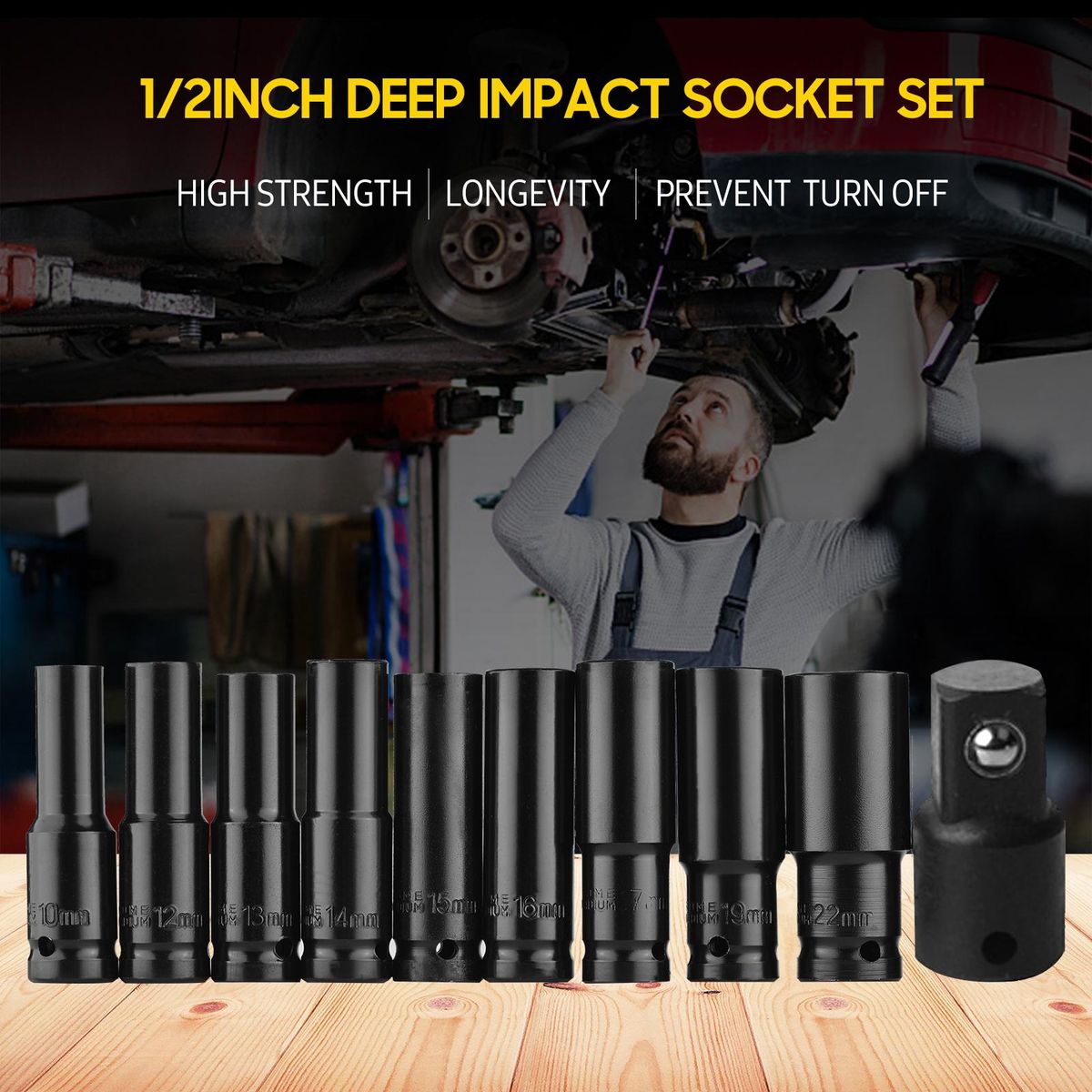 1/2 Inch Drive Hex Impact Socket Set 10-Piece Deep Socket Metric Sizes 10-22mm and 3/8 Inch Adapter CR-V Material with Hard Storage Box