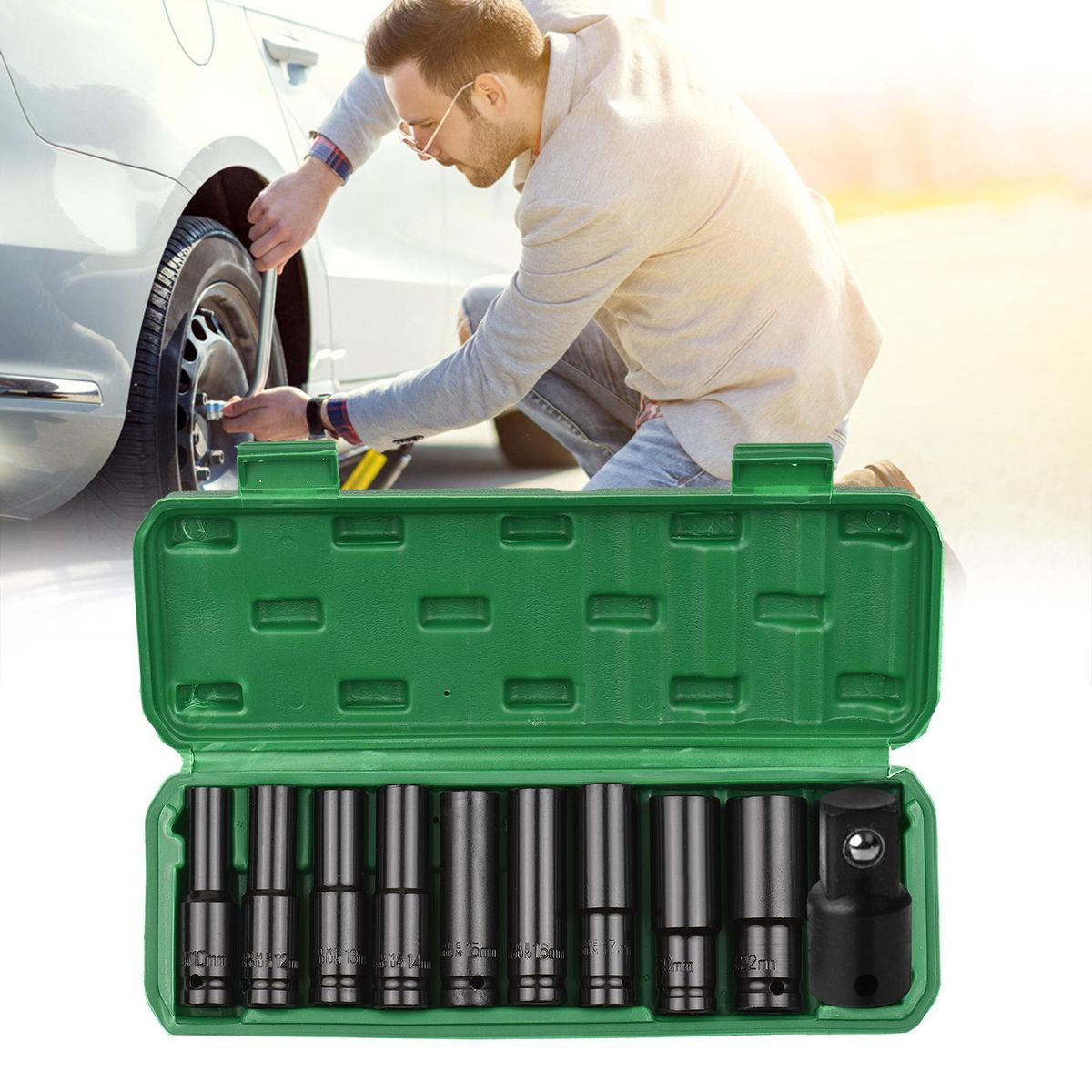1/2 Inch Drive Hex Impact Socket Set 10-Piece Deep Socket Metric Sizes 10-22mm and 3/8 Inch Adapter CR-V Material with Hard Storage Box