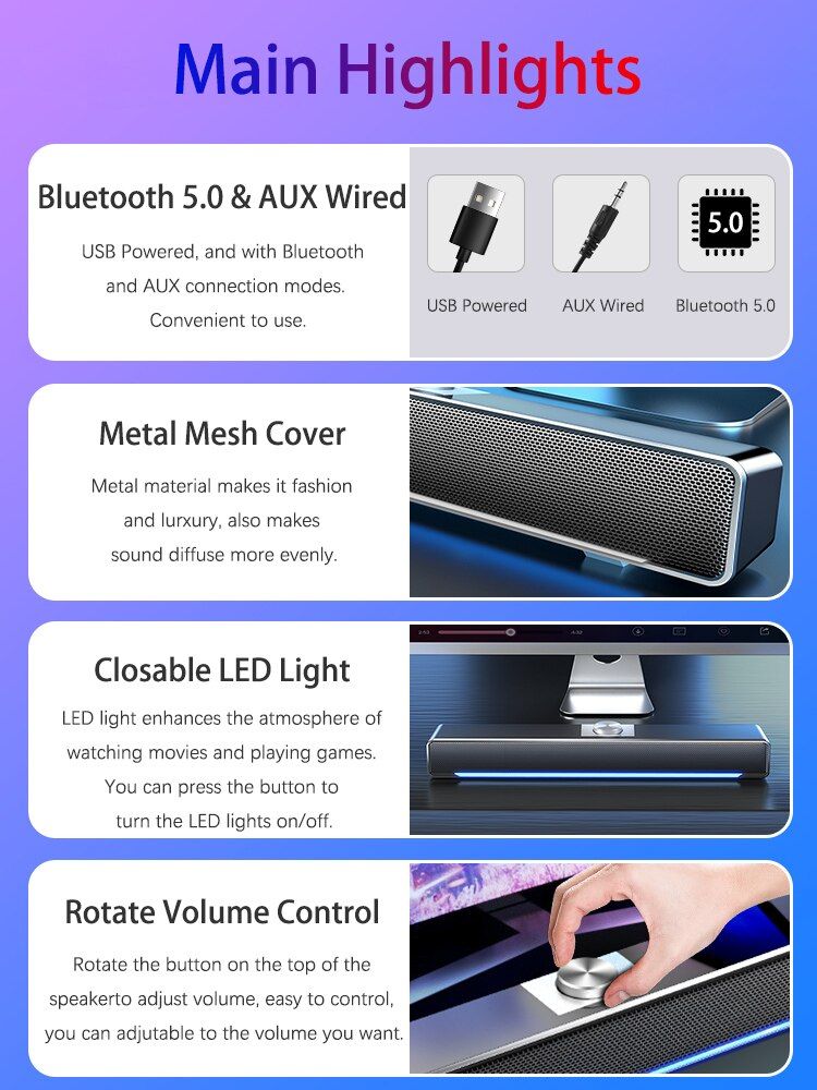 LED TV Sound Bar AUX Wired Wireless Bluetooth Speaker Home Theater System Surround SoundBar For TV PC Computer Speakers