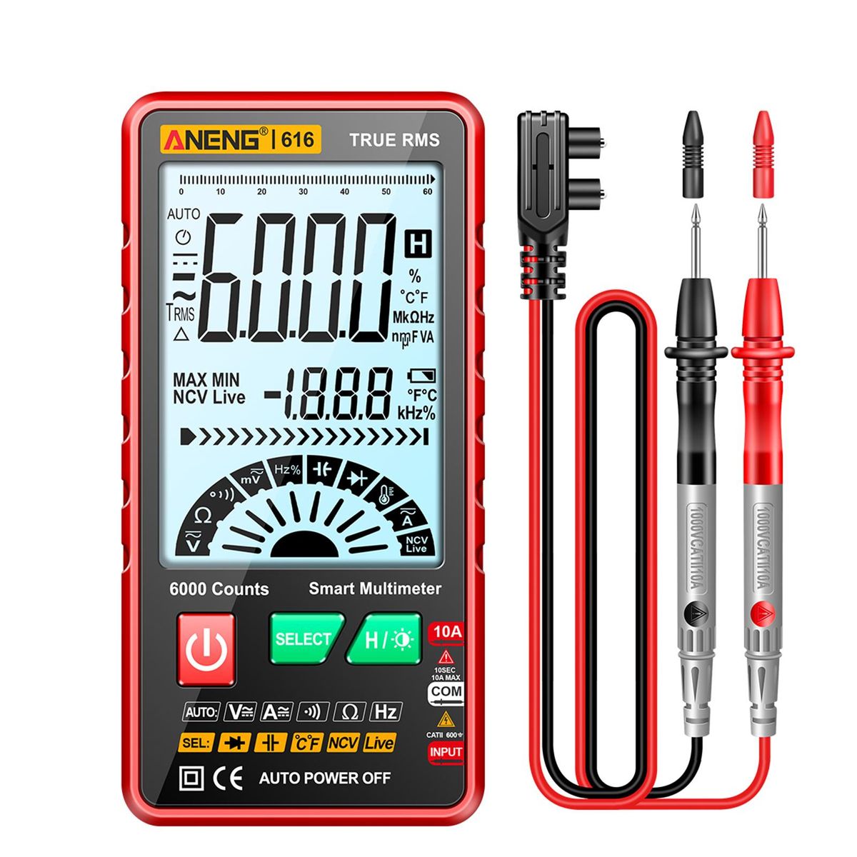 ANENG 616 Smart Digital Multimeter Auto Range 6,000 Counts NCV Universal Meter True RMS Handheld Multifunctional Tester Voltmeter Ammeter with Backlight Flashlight AC/DC Voltage & Current Resistance Capacitance Frequency Meas