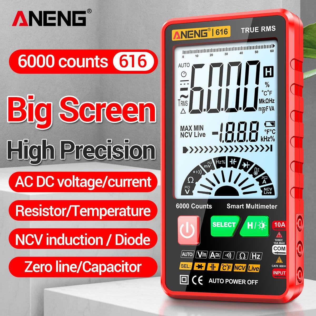ANENG 616 Smart Digital Multimeter Auto Range 6,000 Counts NCV Universal Meter True RMS Handheld Multifunctional Tester Voltmeter Ammeter with Backlight Flashlight AC/DC Voltage & Current Resistance Capacitance Frequency Meas