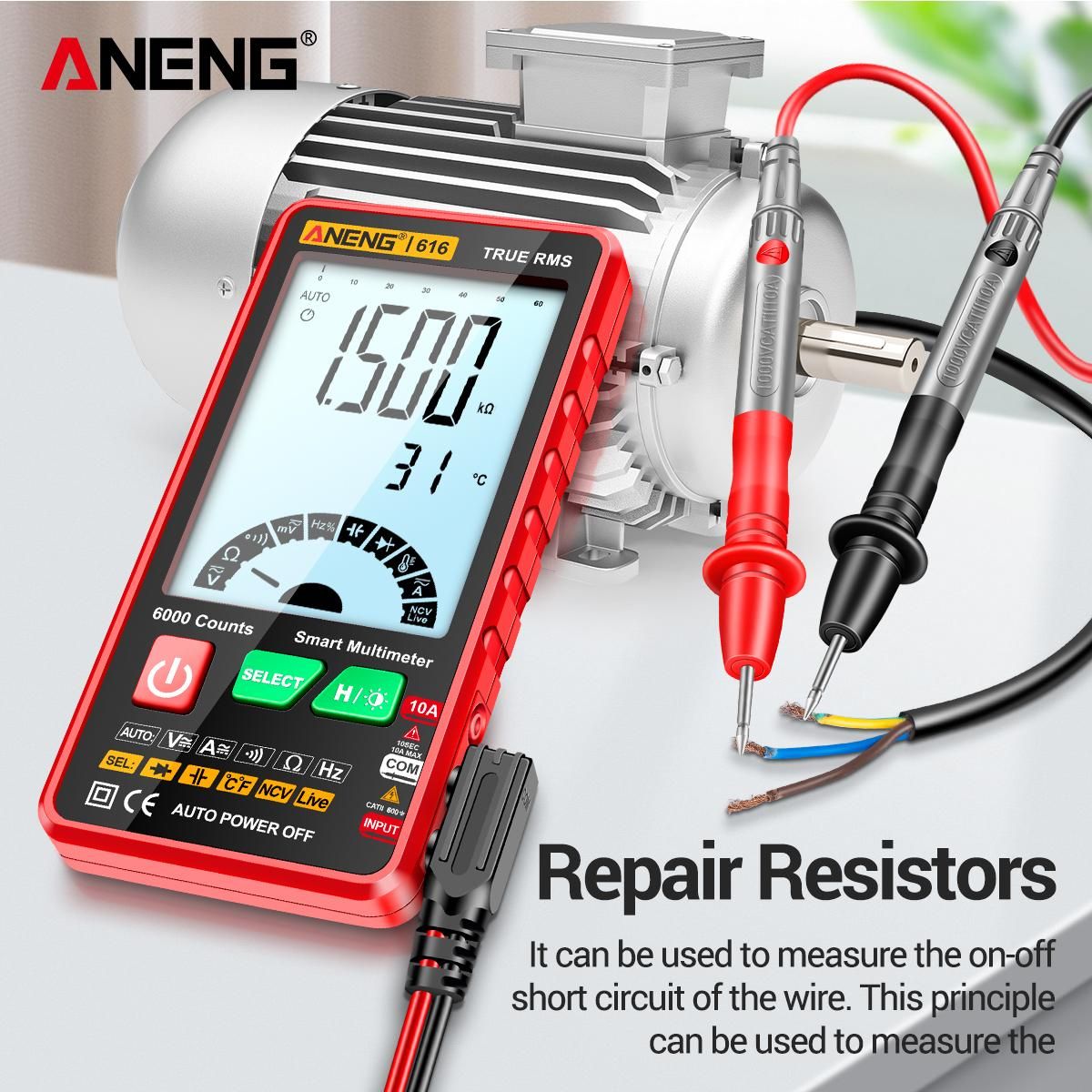 ANENG 616 Smart Digital Multimeter Auto Range 6,000 Counts NCV Universal Meter True RMS Handheld Multifunctional Tester Voltmeter Ammeter with Backlight Flashlight AC/DC Voltage & Current Resistance Capacitance Frequency Meas
