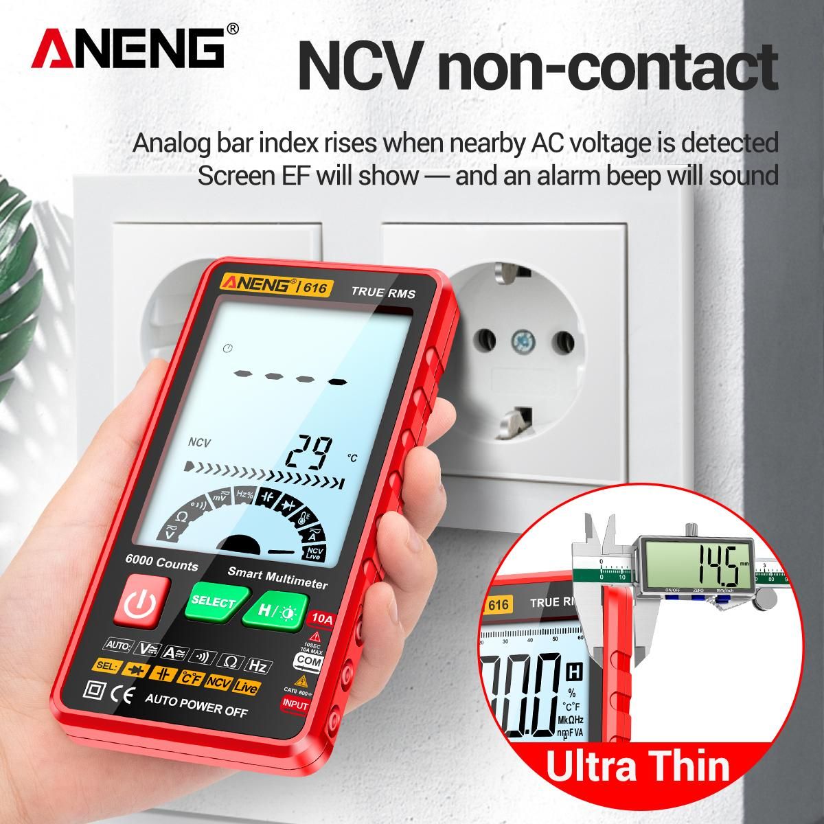 ANENG 616 Smart Digital Multimeter Auto Range 6,000 Counts NCV Universal Meter True RMS Handheld Multifunctional Tester Voltmeter Ammeter with Backlight Flashlight AC/DC Voltage & Current Resistance Capacitance Frequency Meas