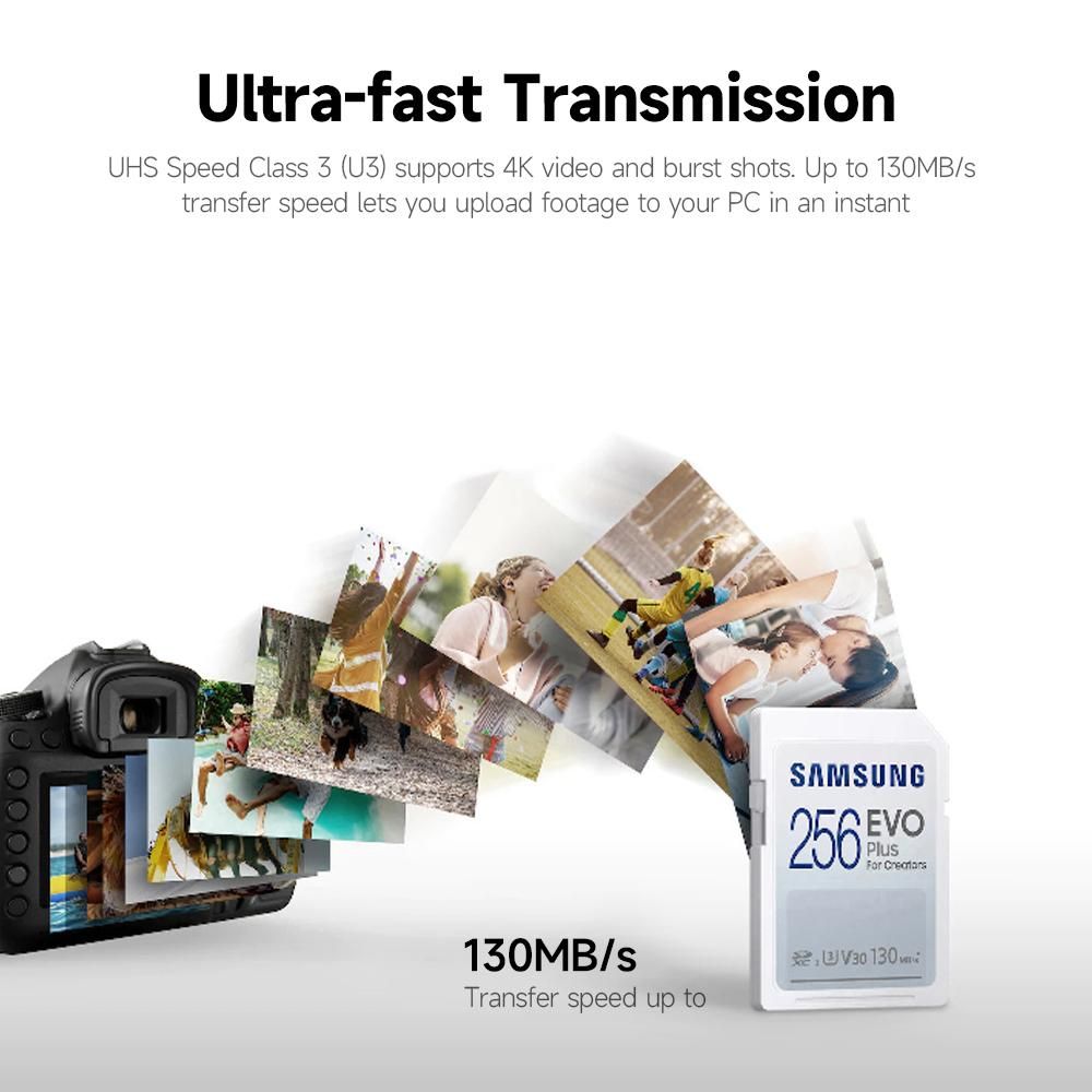 SAMSUNG 256GB EVO Plus SD Card U3 V30 Speed Level up to 130MB/s Transmission Speed for Digital Camera Surveillance Camera Laptop