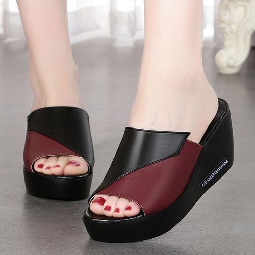 Ladies Newest Flat Fancy Slippers Women Fashion Slope Heel Slippers Casual Slippers Sandals Fish Mouth-Black Red