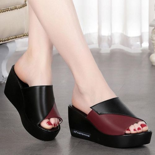 Ladies Newest Flat Fancy Slippers Women Fashion Slope Heel Slippers Casual Slippers Sandals Fish Mouth-Black Red