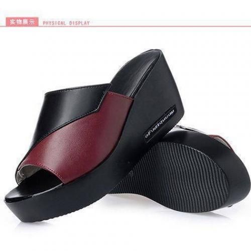 Ladies Newest Flat Fancy Slippers Women Fashion Slope Heel Slippers Casual Slippers Sandals Fish Mouth-Black Red