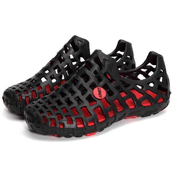 Fashion Big Size Breathable Hollow Out Pure Flat Casual Beach Sandals Slides Women Men Shoes Black Red {36}