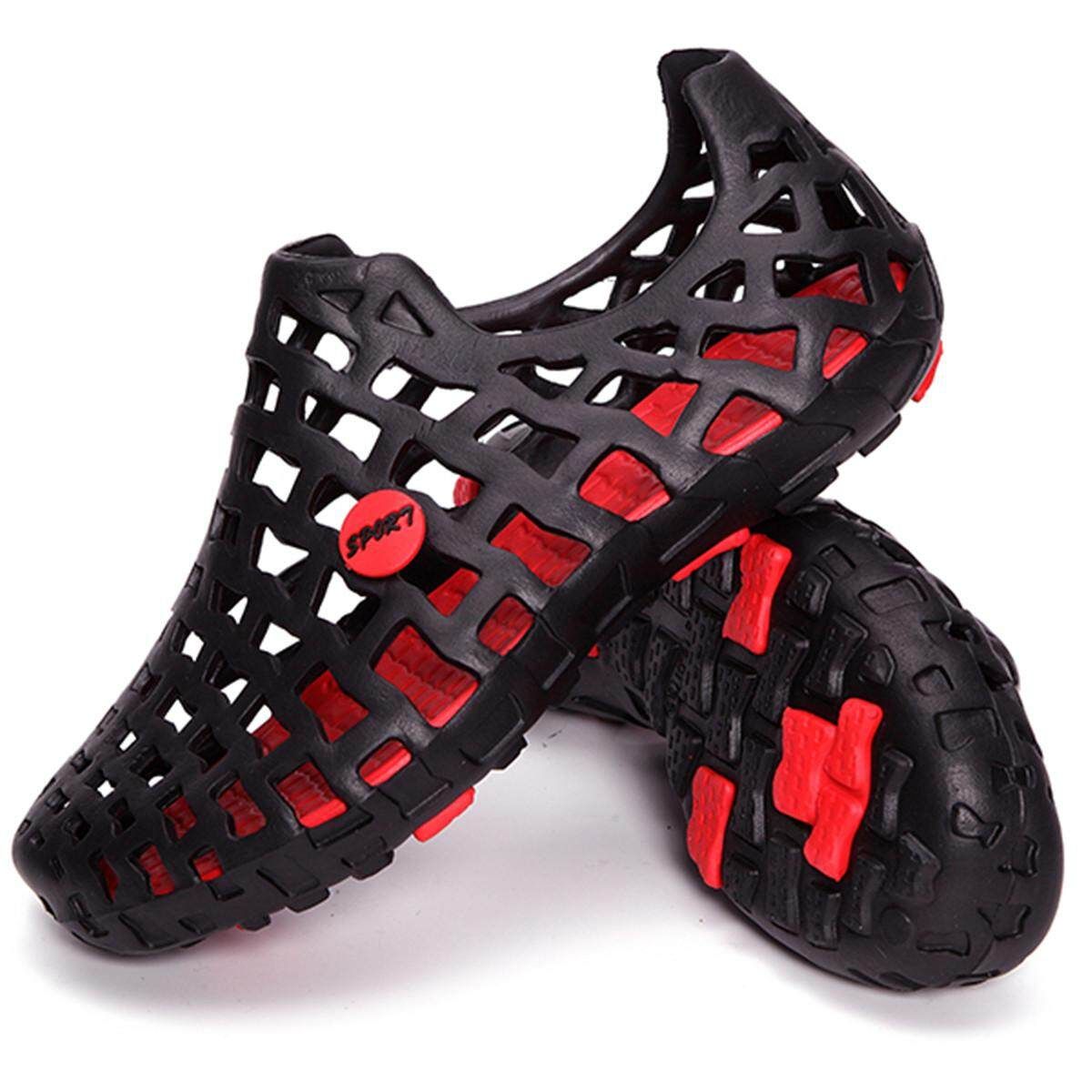 Fashion Big Size Breathable Hollow Out Pure Flat Casual Beach Sandals Slides Women Men Shoes Black Red {36}