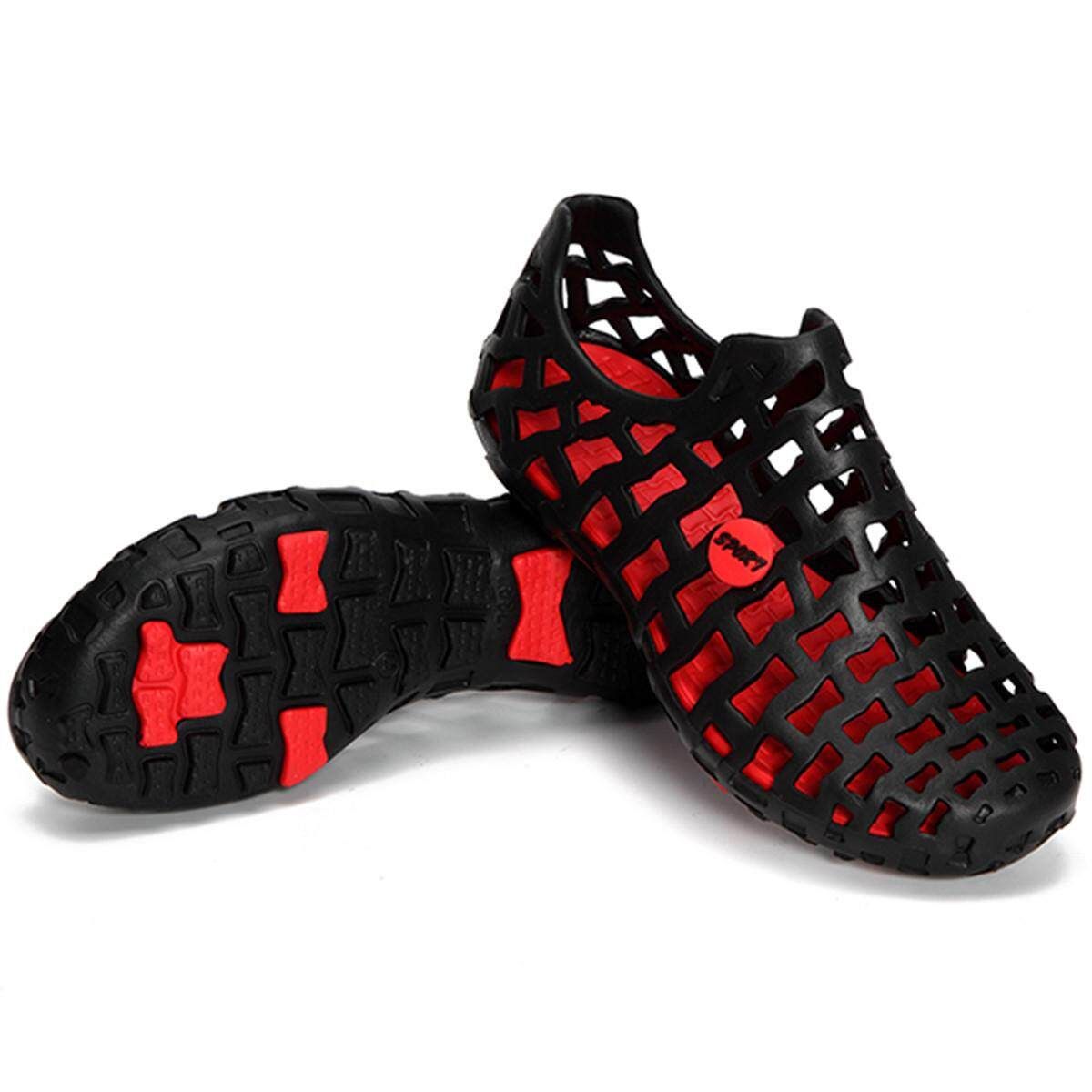 Fashion Big Size Breathable Hollow Out Pure Flat Casual Beach Sandals Slides Women Men Shoes Black Red {36}