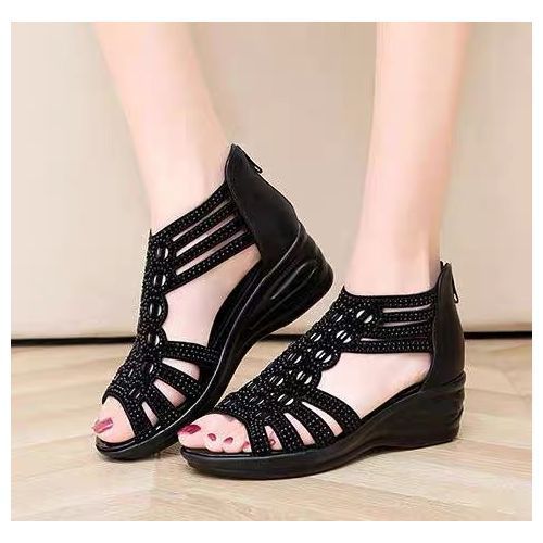 Women Soft Wedge Lady Open Toe Low Heel Sandals-Black