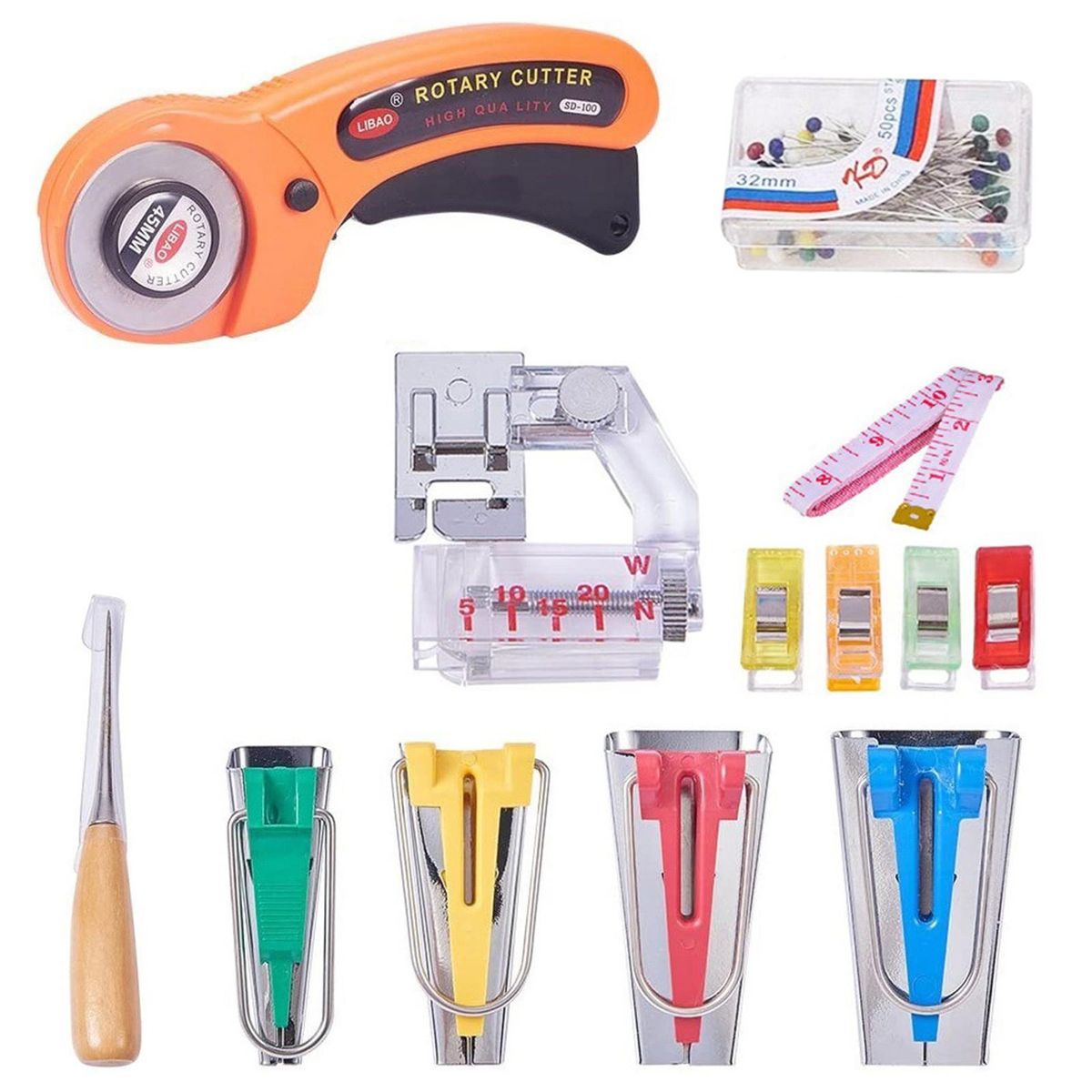 62Pcs Sewing Fabric Bias Tape Making Kit DIY Bias Tape Makers Tool  Set with Awl Fabric Cutter for Patchwork Sewing Quilting Binding