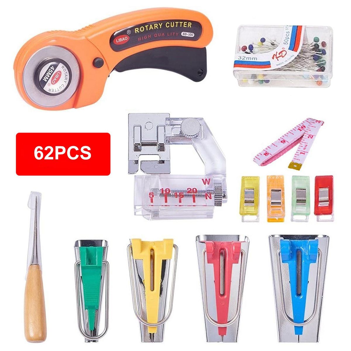 62Pcs Sewing Fabric Bias Tape Making Kit DIY Bias Tape Makers Tool  Set with Awl Fabric Cutter for Patchwork Sewing Quilting Binding