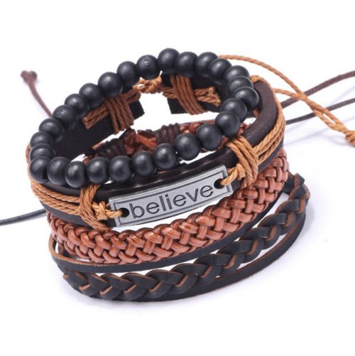 Set Of Classy Unisex Believe  Braided Leather  Bracelet
