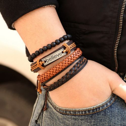 Set Of Classy Unisex Believe  Braided Leather  Bracelet
