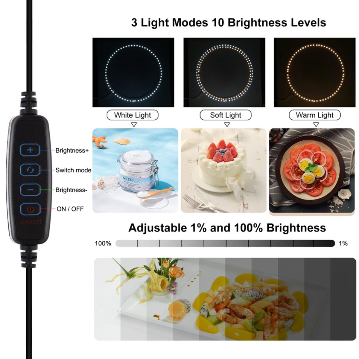 PULUZ 250mm Portable Folding Photography Light Box Ring Light Board 3 Light Modes 10 Brightness Levels USB Cable Control with 6 Double-sided Background Paper 12 Colors