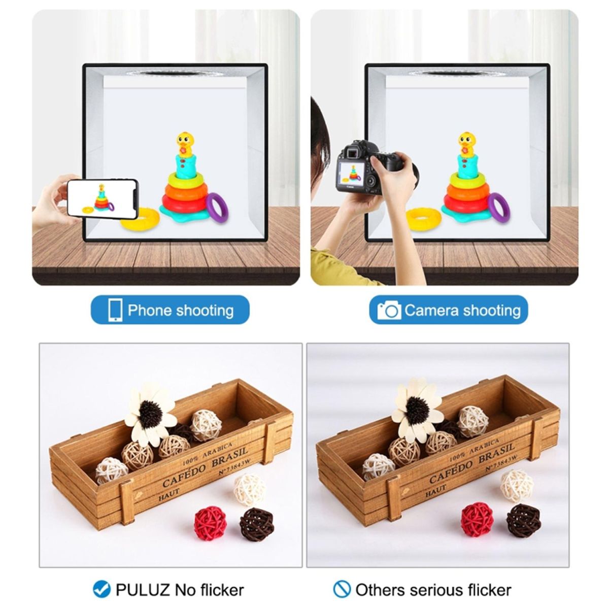 PULUZ 250mm Portable Folding Photography Light Box Ring Light Board 3 Light Modes 10 Brightness Levels USB Cable Control with 6 Double-sided Background Paper 12 Colors