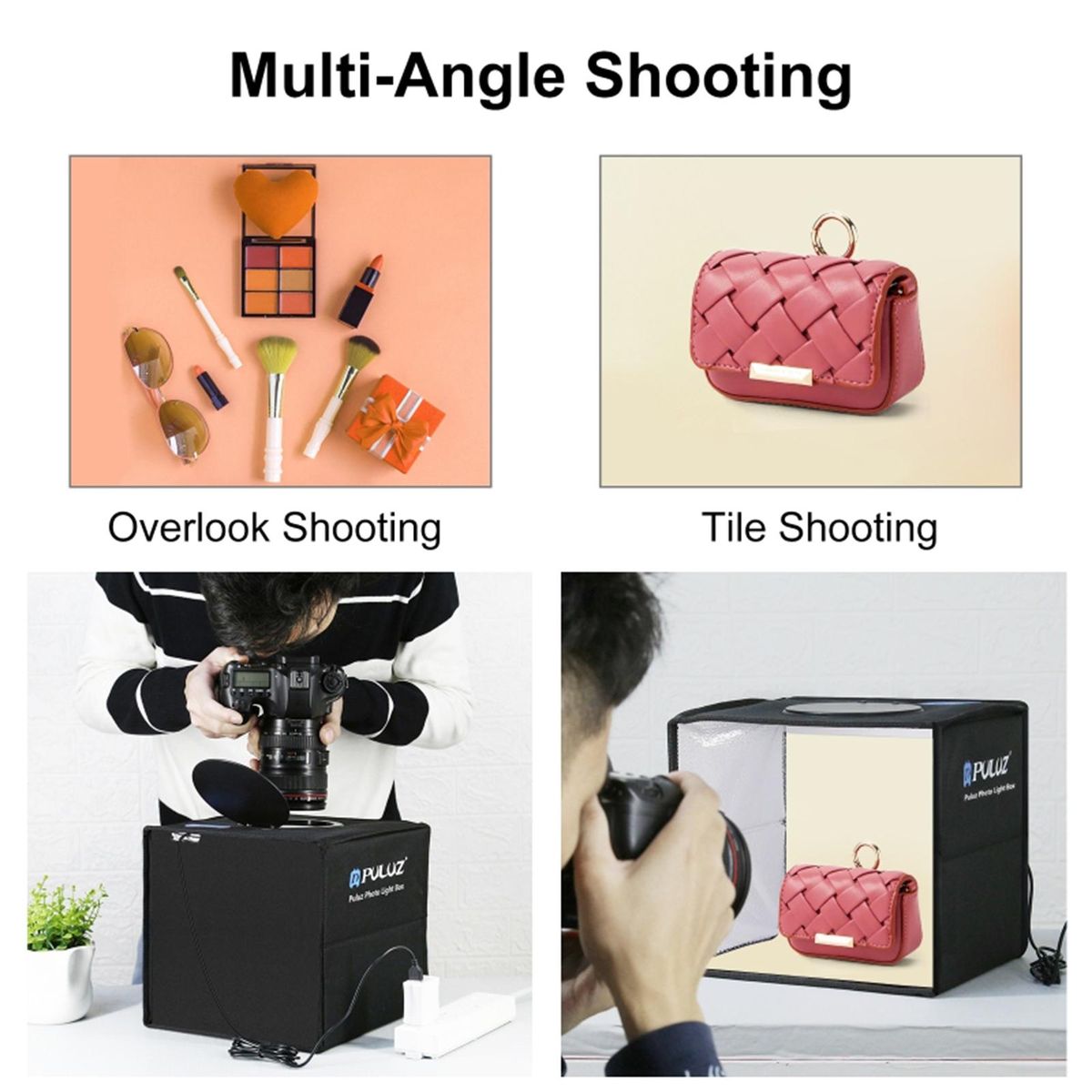 PULUZ 250mm Portable Folding Photography Light Box Ring Light Board 3 Light Modes 10 Brightness Levels USB Cable Control with 6 Double-sided Background Paper 12 Colors