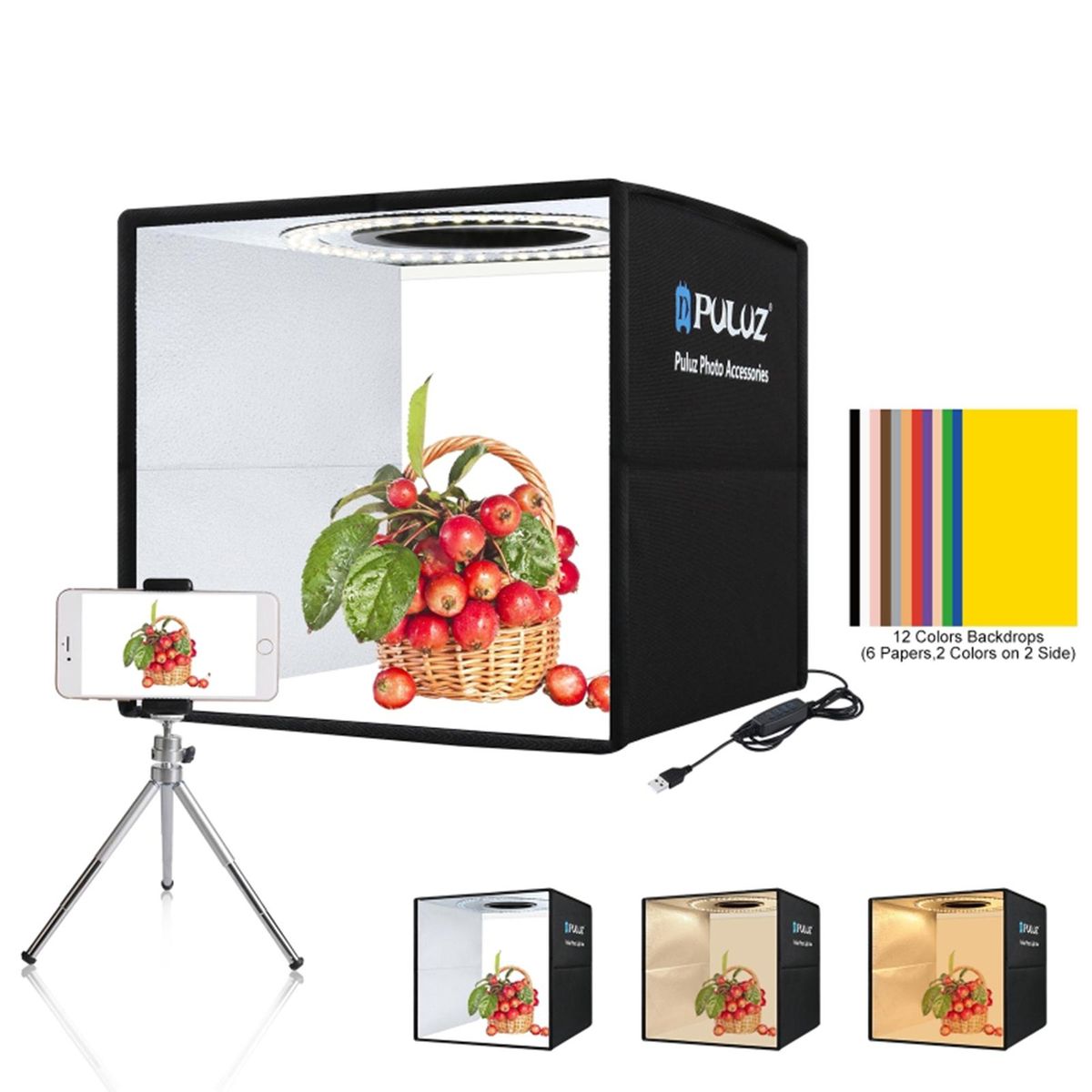 PULUZ 250mm Portable Folding Photography Light Box Ring Light Board 3 Light Modes 10 Brightness Levels USB Cable Control with 6 Double-sided Background Paper 12 Colors