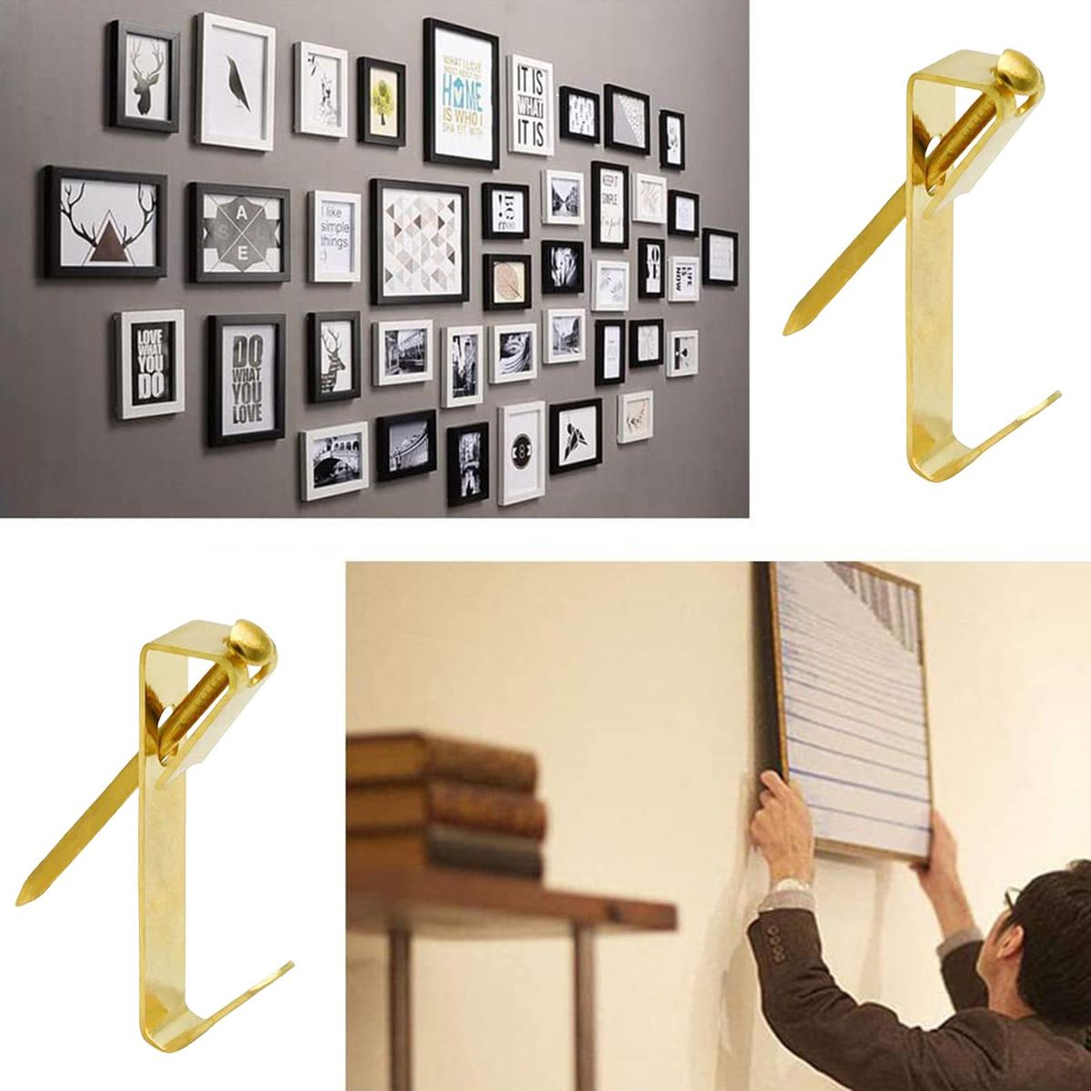 50 Sets Picture Hangers Box-packed Picture Frame Hooks Golden