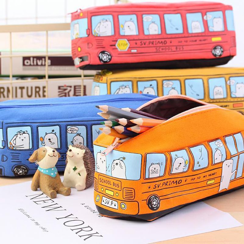 Students 3d School Bus Pencil Case Canvas Pencils