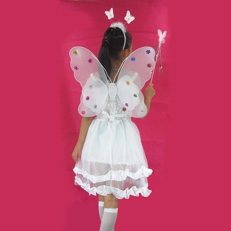 4Pcs/Set Fairy Princess Butterfly Party Costume Wings Wand Headband Skirt Dress White White