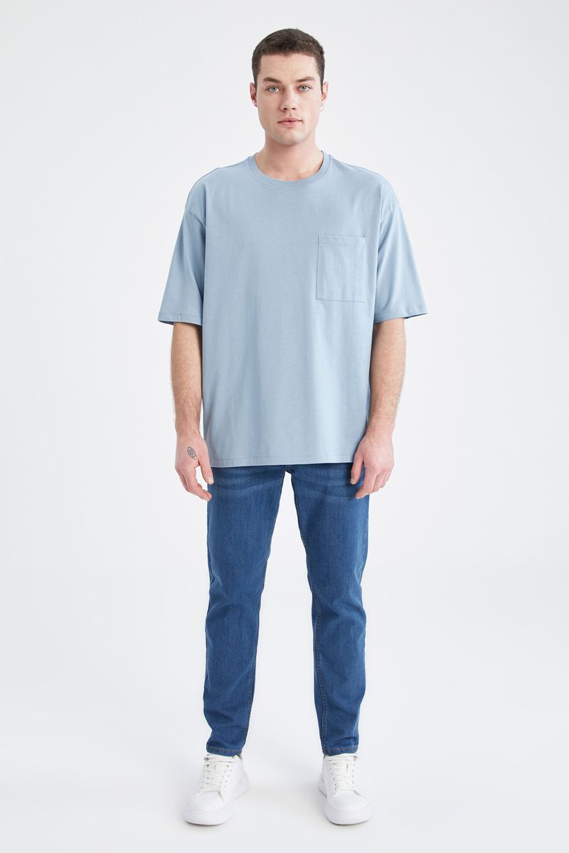 Man - Crew Neck Short Sleeve Oversize Fit Knitted T-Shirt-Blue