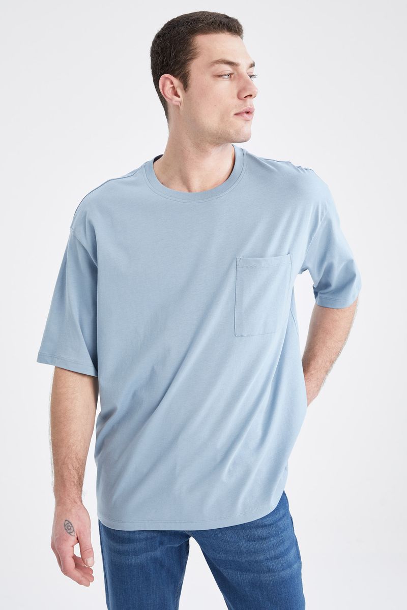 Man - Crew Neck Short Sleeve Oversize Fit Knitted T-Shirt-Blue