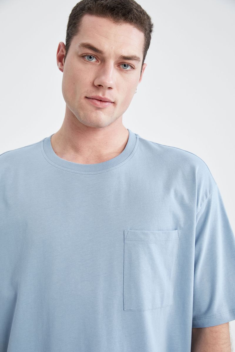 Man - Crew Neck Short Sleeve Oversize Fit Knitted T-Shirt-Blue