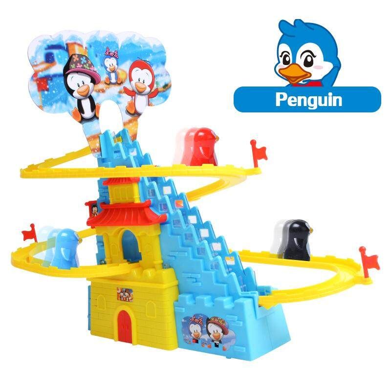 4403 Electric Castle, Revolving Climbing Stairs, Track Car Lights, Music Charging, Two Model Child Toys Track Penguin