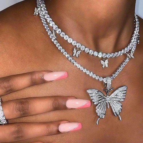 Butterfly Pendant Necklace Set - Double Layer
